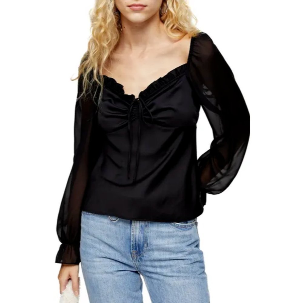 48$ Topshop Palmero Women's Sz 6 Black Chiffon Sheer Long Sleeve Ruffle‎ Blouse